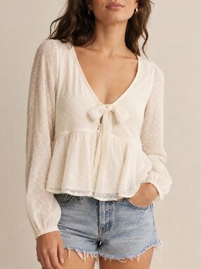Abercrombie & Fitch Ivory Swiss Dot Tie-Front Peplum Blouse Coquette Soft Girl S